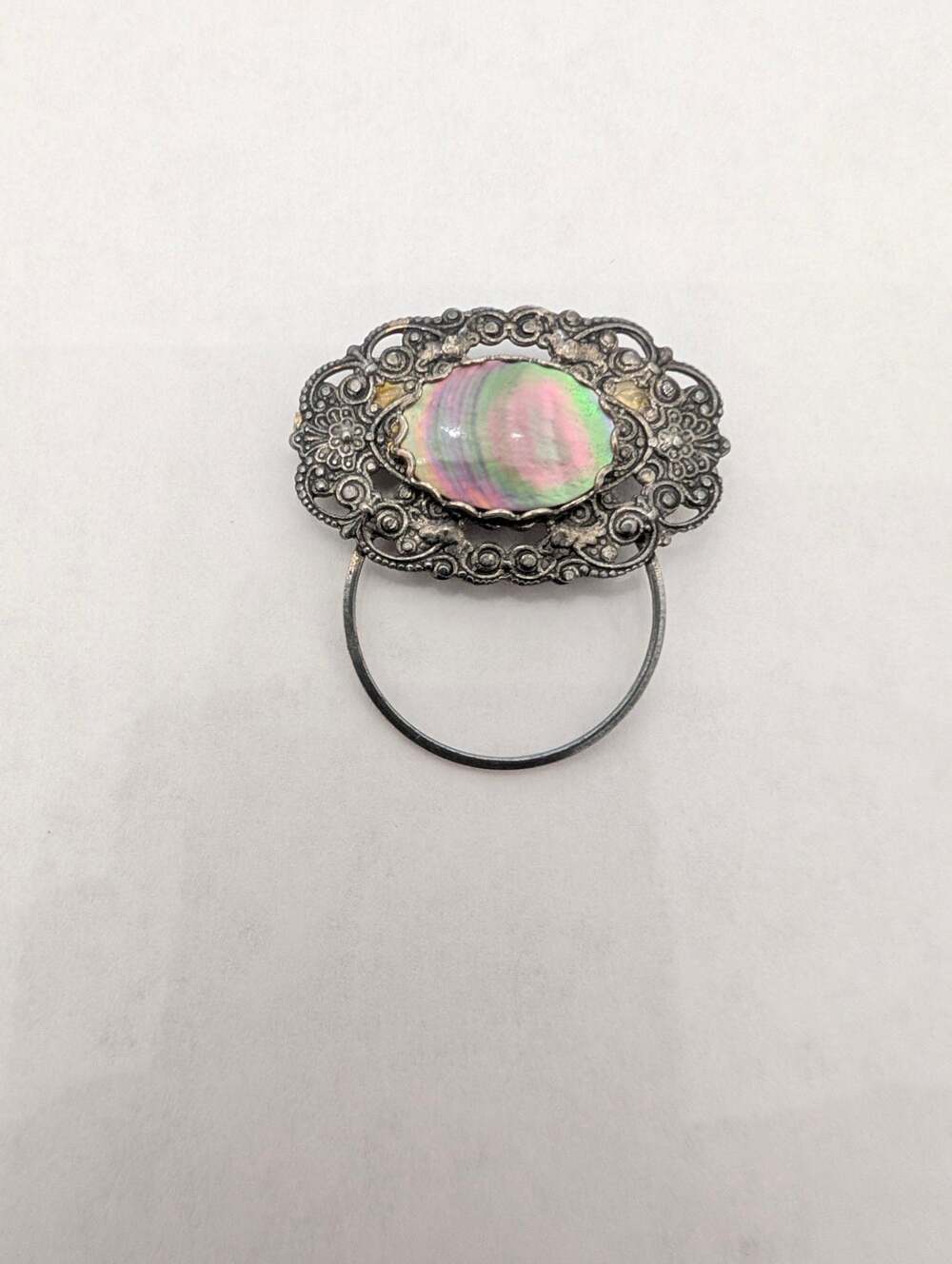 Vintage Ornate Silvertone Abalone Shell Pin Brooch with Attached Ring